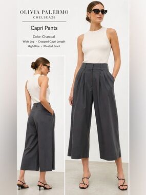 Olivia Palermo Chelsea28 Navy Wool High Waisted Wide Leg Pleated Trousers Sz 00
